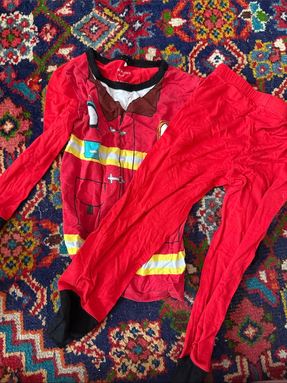 Posh Peanut Red Firefighter Pajama Set with Yellow & Black Accents